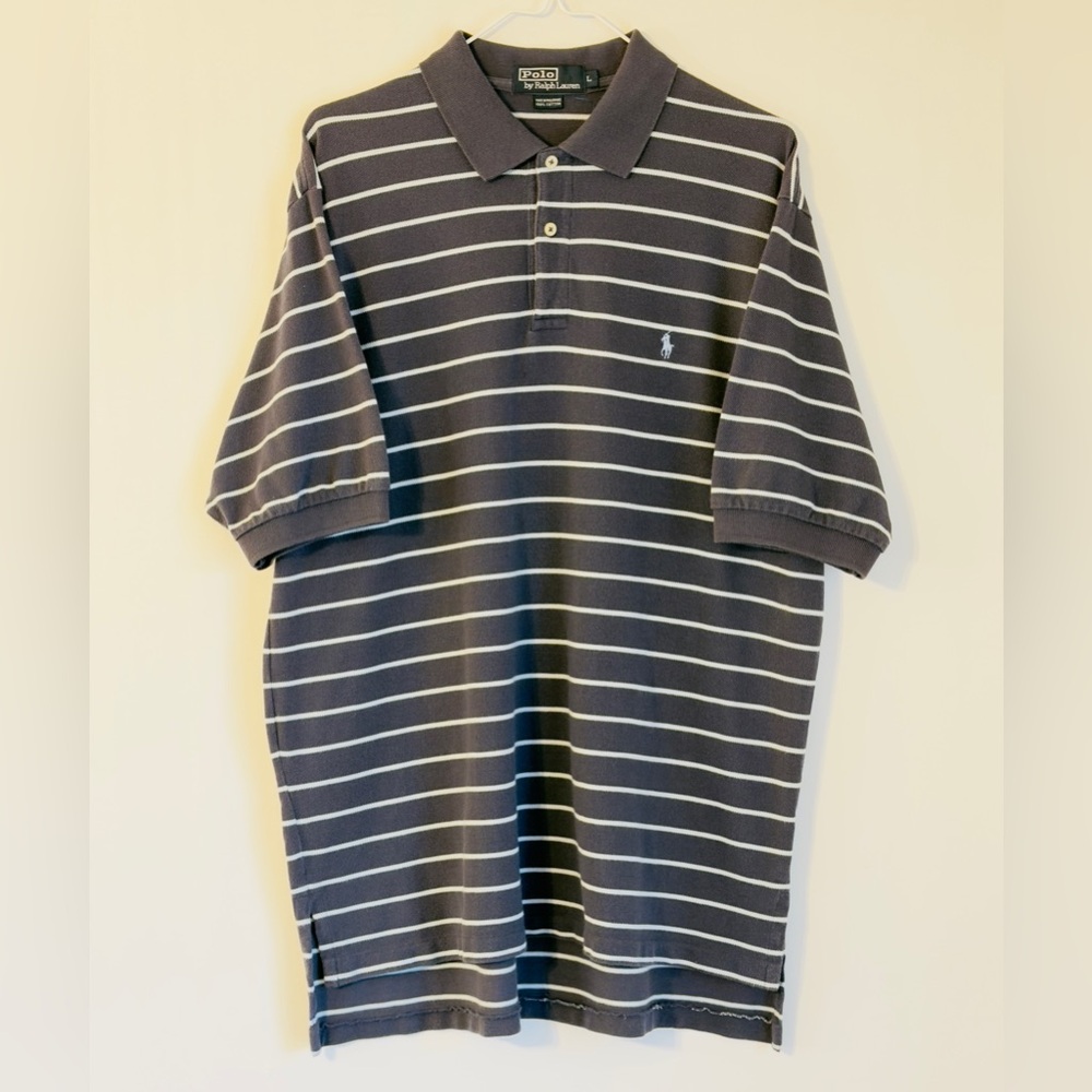 Vintage Ralph Lauren Men's Polo in Navy and White Striped Golf Shirt Large - Picture 1 of 4